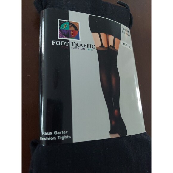 Foot Traffic Fashion Black Faux Garter Fashion Tights One Size Fits Most New - Picture 3 of 4